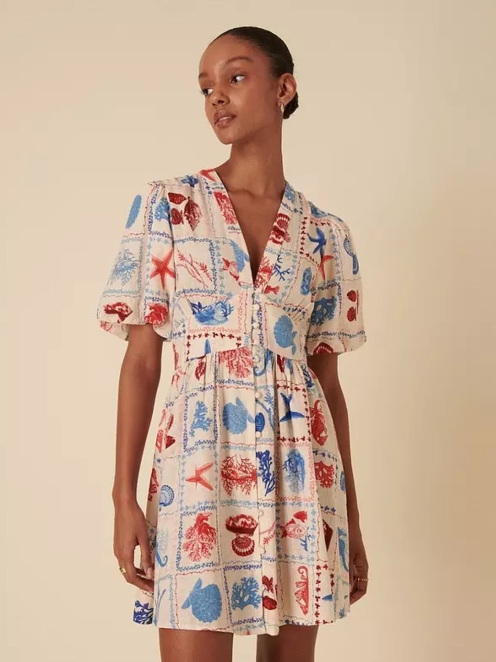 Seashell Print Mini Linen-Blend Dress in Red & Blue